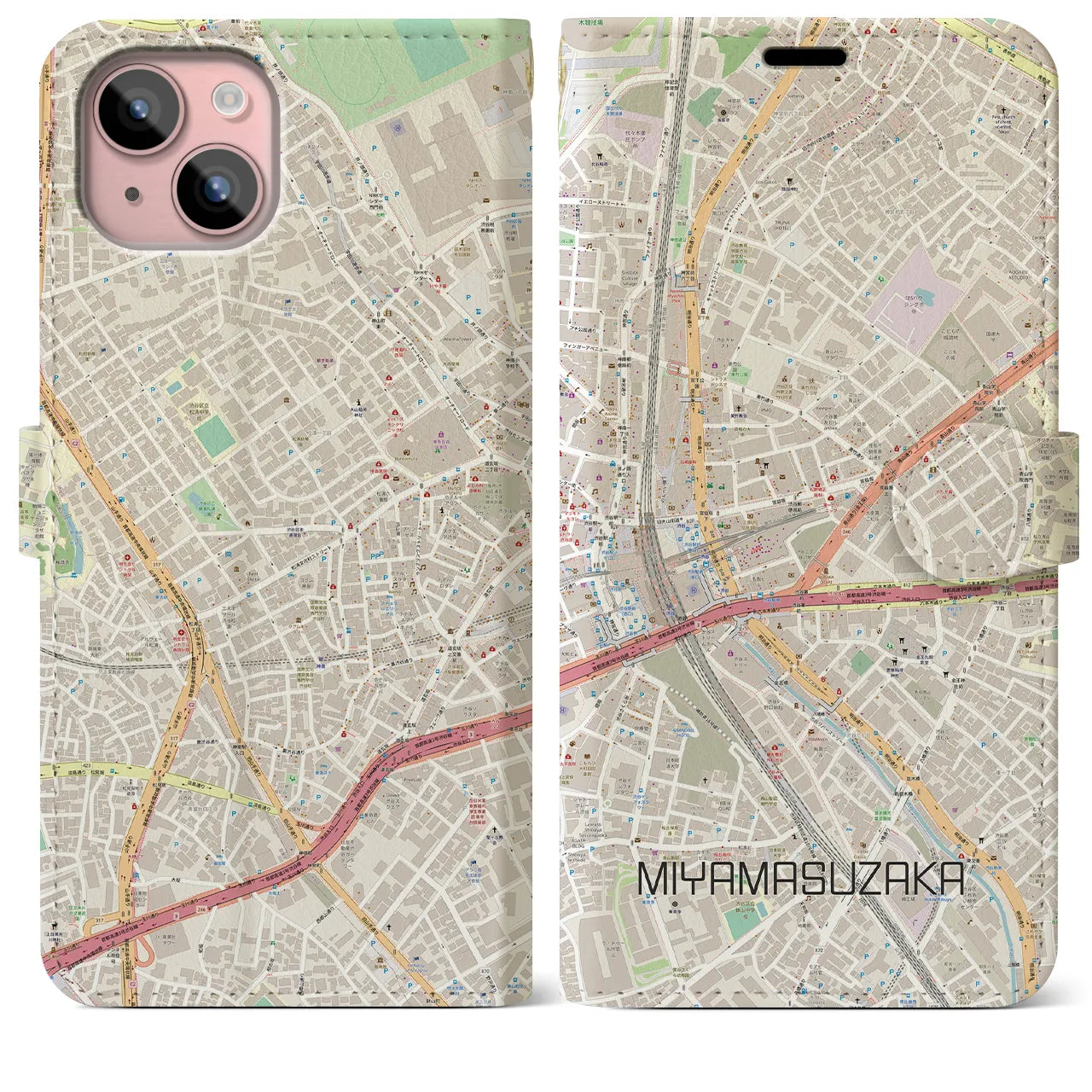 【宮益坂(東京都)】地図柄iPhoneケース(手帳タイプ)ナチュラル・iPhone 15 Plus 用