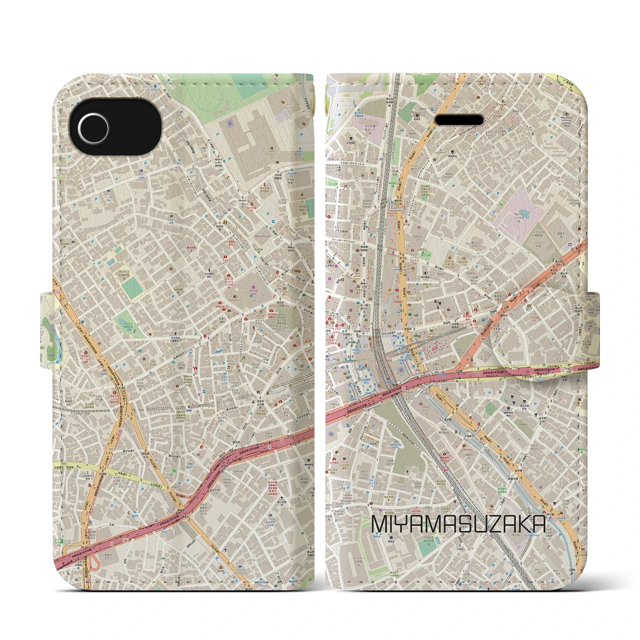 【宮益坂(東京都)】地図柄iPhoneケース(手帳タイプ)ナチュラル・iPhone SE(第3 / 第2世代) / 8 / 7 / 6s / 6 用
