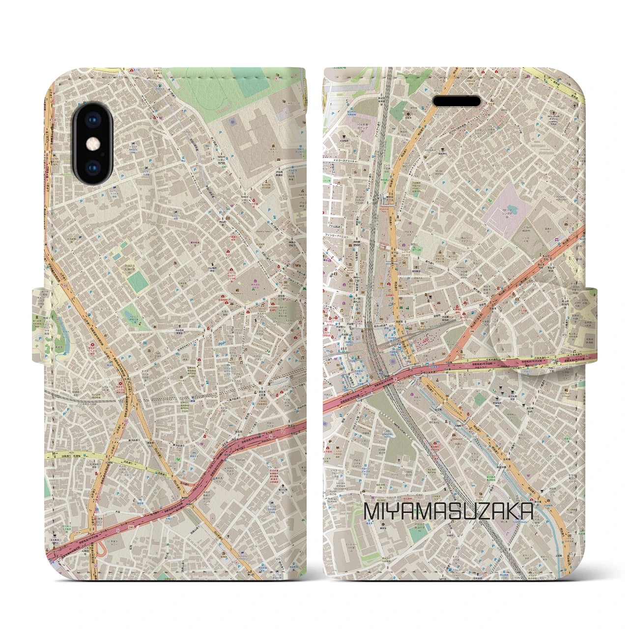 【宮益坂(東京都)】地図柄iPhoneケース(手帳タイプ)ナチュラル・iPhone XS / X 用