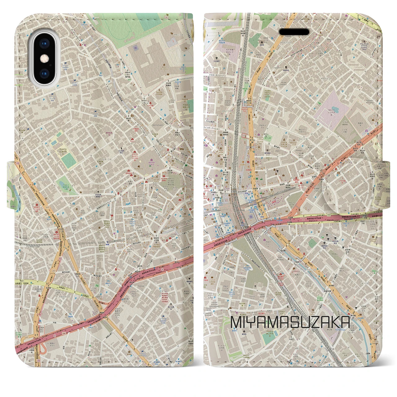 【宮益坂(東京都)】地図柄iPhoneケース(手帳タイプ)ナチュラル・iPhone XS Max 用