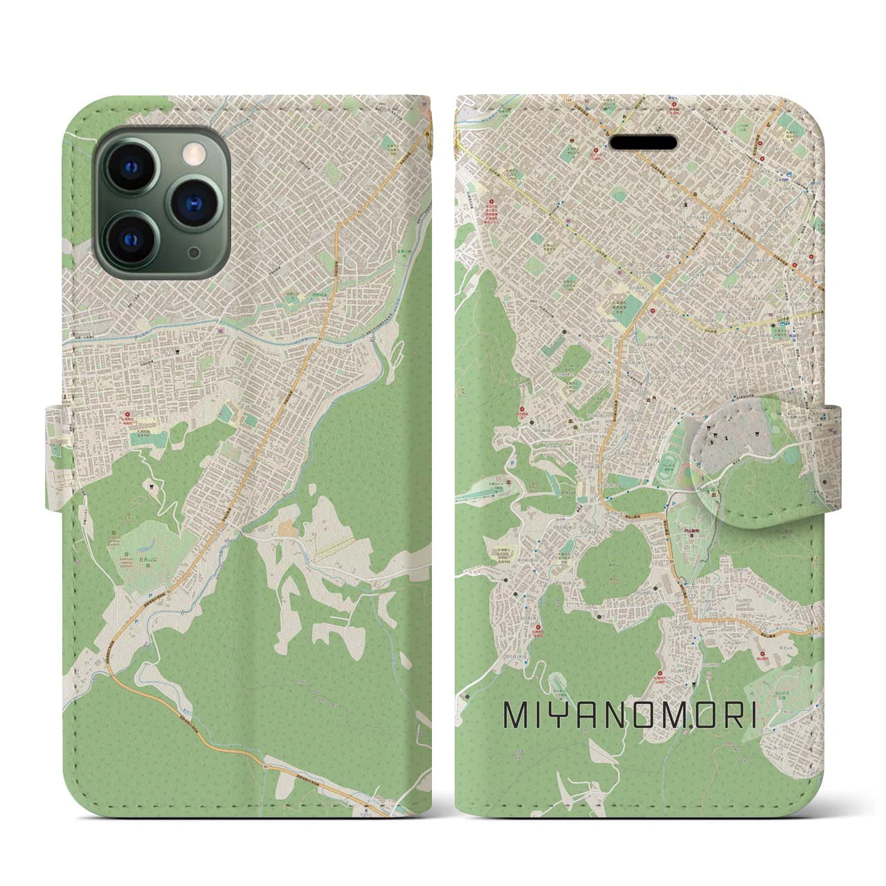 【宮の森(北海道)】地図柄iPhoneケース(手帳タイプ)ナチュラル・iPhone 11 Pro 用