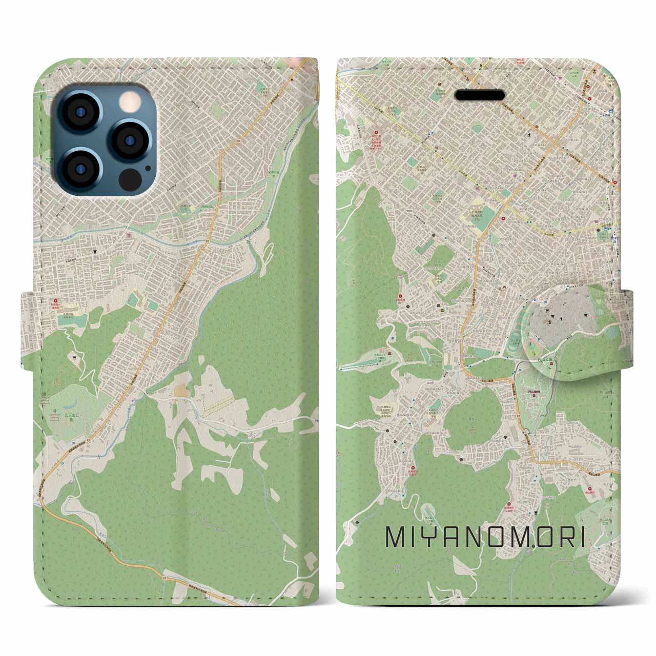 【宮の森(北海道)】地図柄iPhoneケース(手帳タイプ)ナチュラル・iPhone 12 / 12 Pro 用