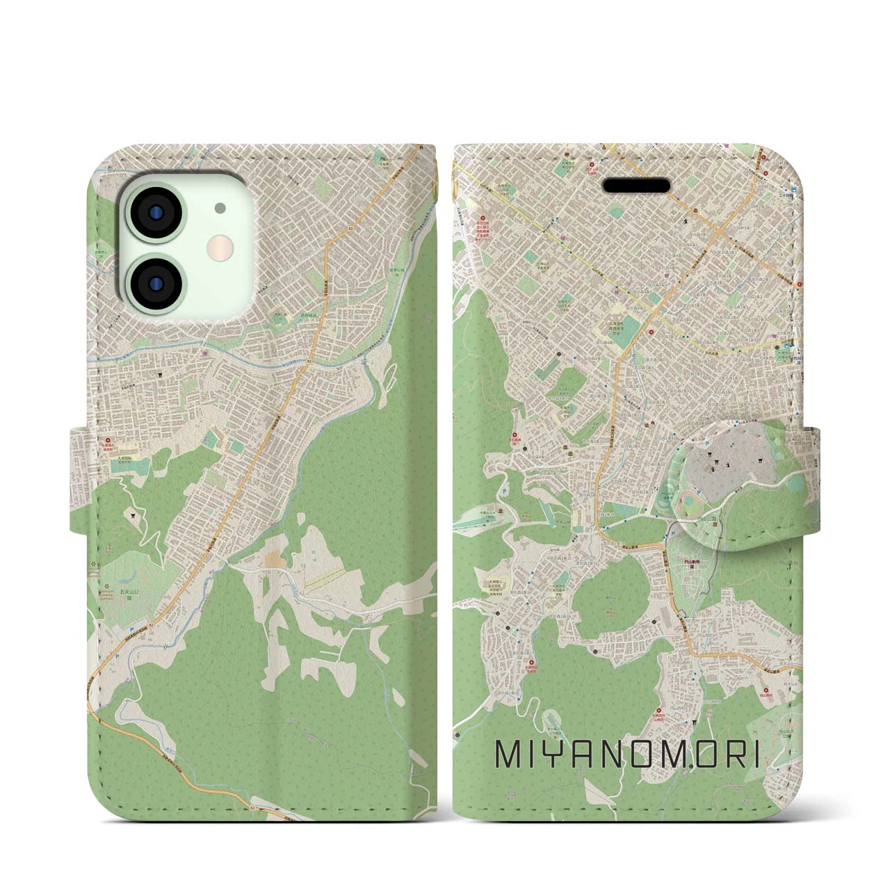 【宮の森(北海道)】地図柄iPhoneケース(手帳タイプ)ナチュラル・iPhone 12 mini 用