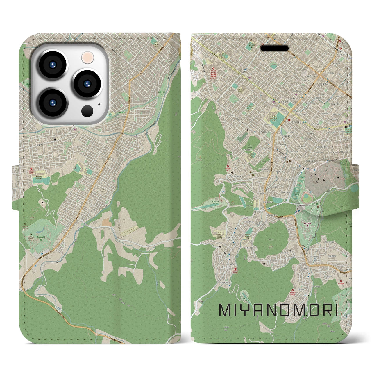 【宮の森(北海道)】地図柄iPhoneケース(手帳タイプ)ナチュラル・iPhone 13 Pro 用