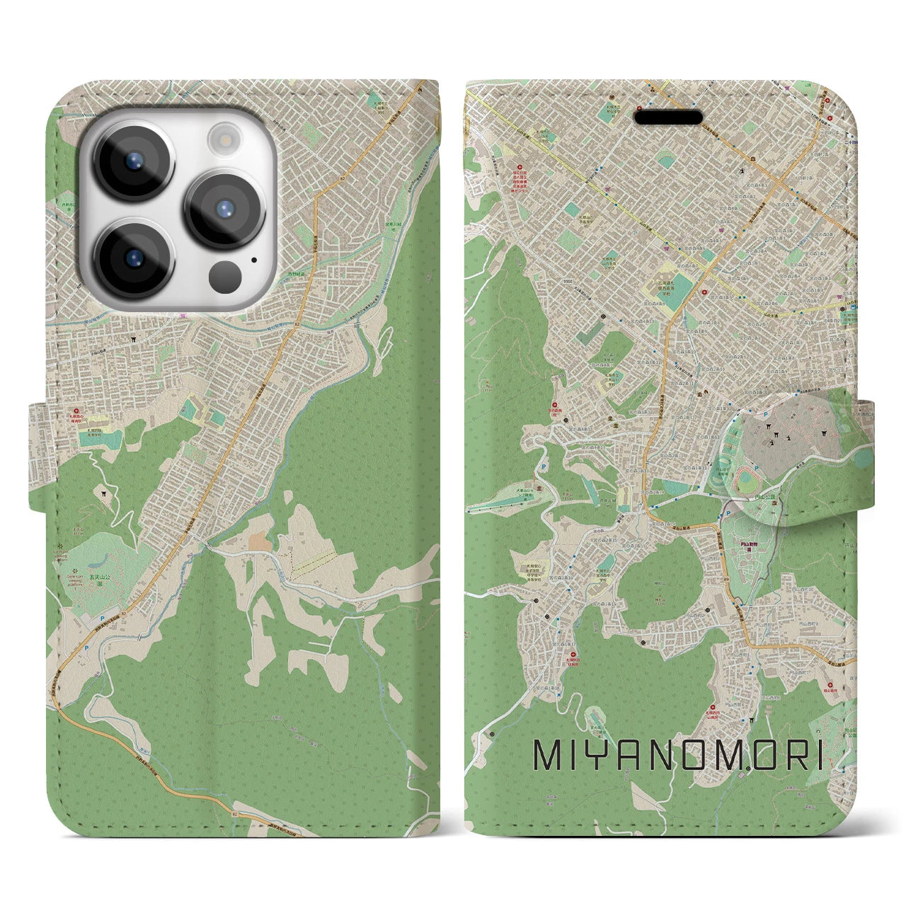 【宮の森(北海道)】地図柄iPhoneケース(手帳タイプ)ナチュラル・iPhone 14 Pro 用