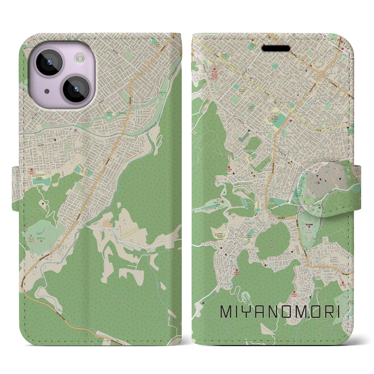 【宮の森(北海道)】地図柄iPhoneケース(手帳タイプ)ナチュラル・iPhone 14 用