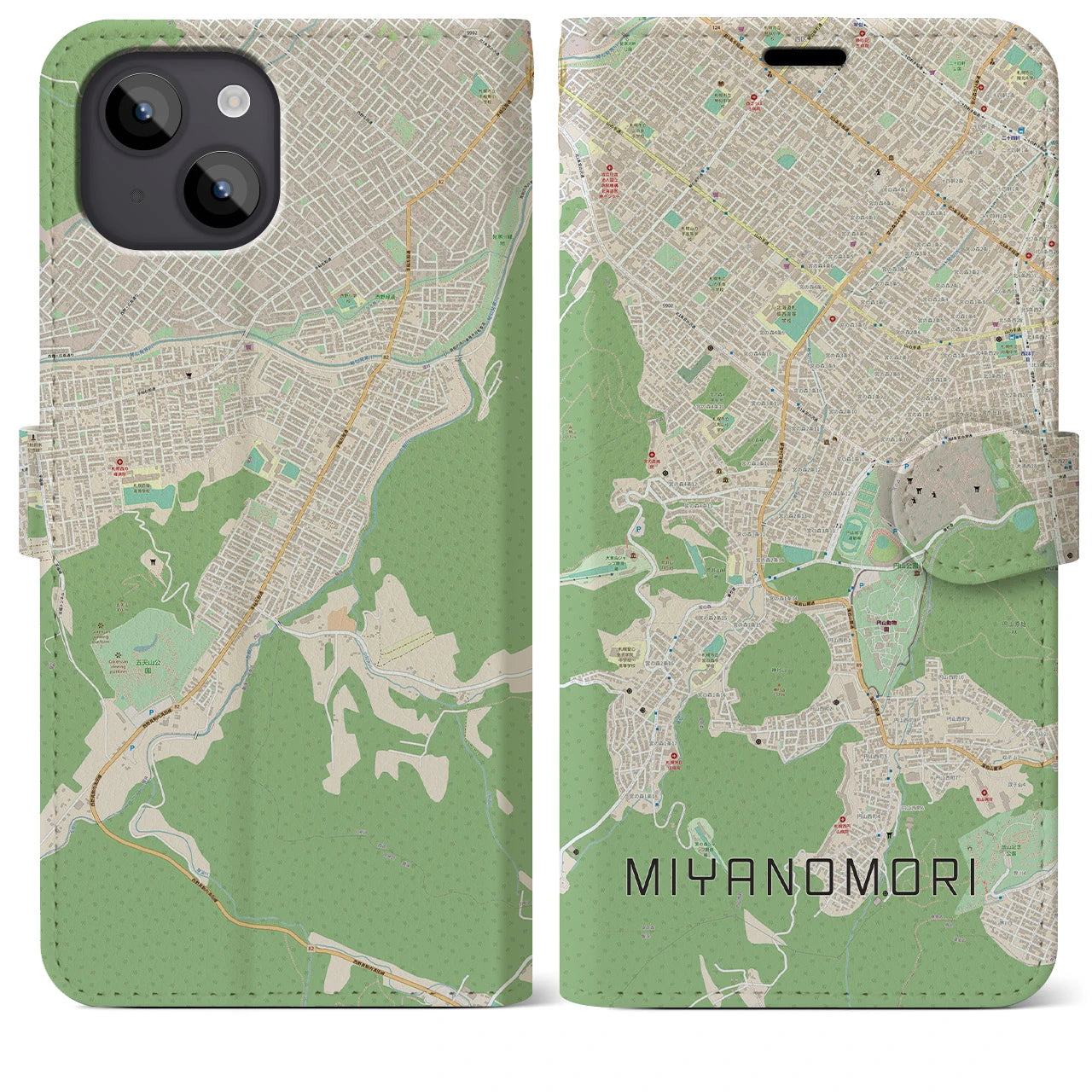 【宮の森(北海道)】地図柄iPhoneケース(手帳タイプ)ナチュラル・iPhone 14 Plus 用