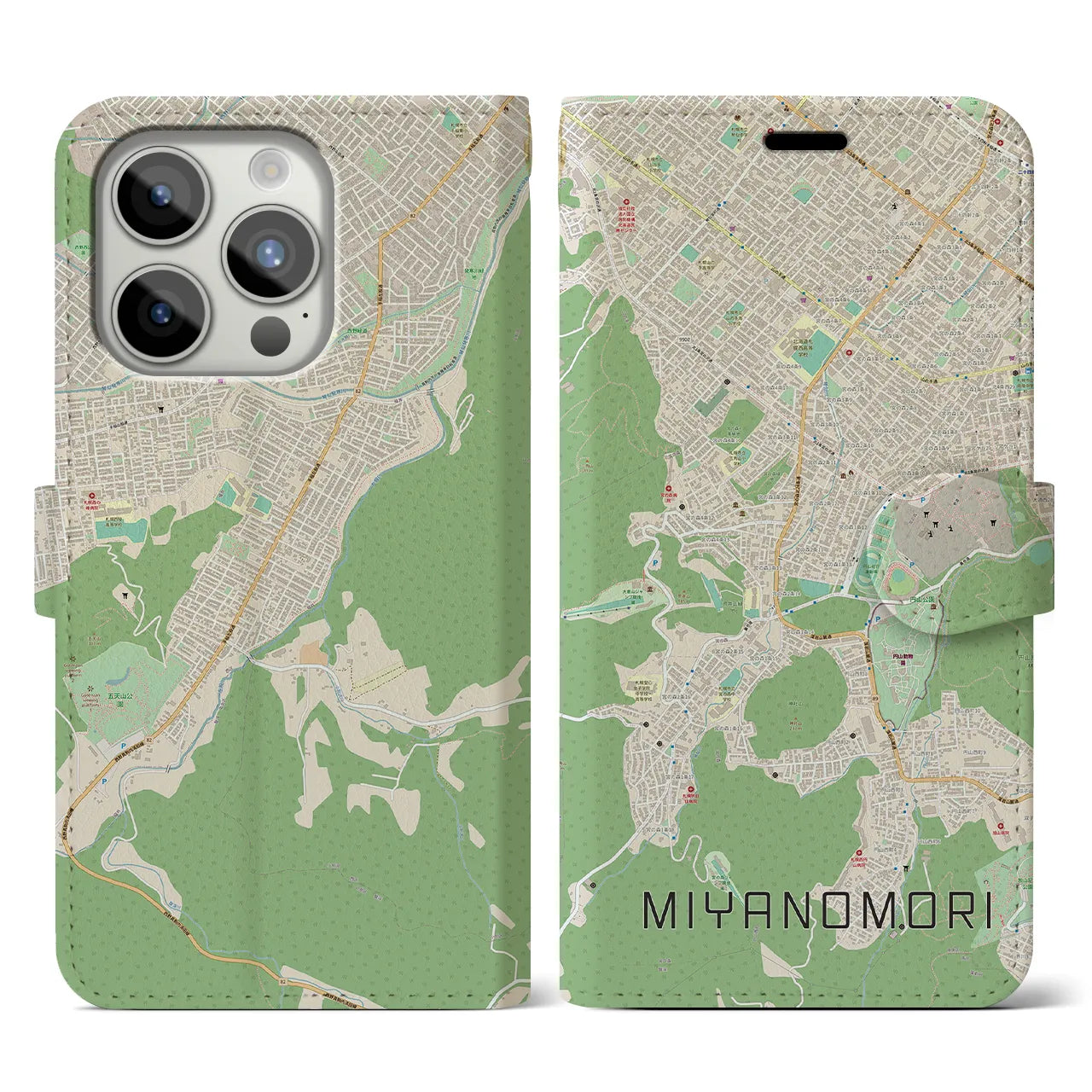 【宮の森(北海道)】地図柄iPhoneケース(手帳タイプ)ナチュラル・iPhone 15 Pro 用