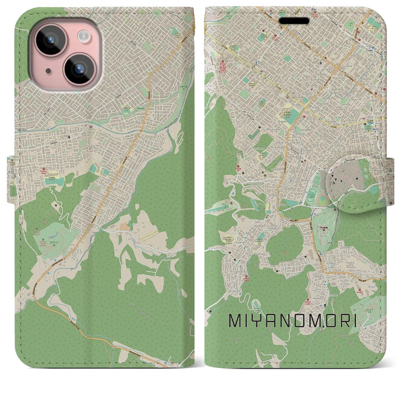 【宮の森(北海道)】地図柄iPhoneケース(手帳タイプ)ナチュラル・iPhone 15 Plus 用