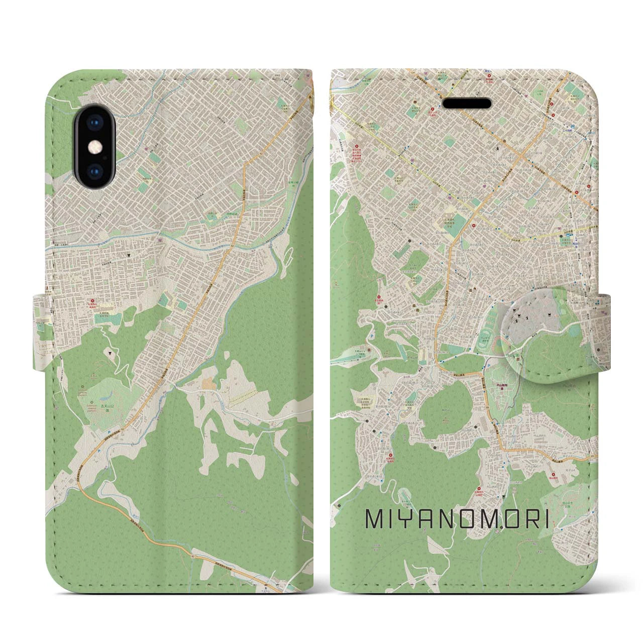【宮の森(北海道)】地図柄iPhoneケース(手帳タイプ)ナチュラル・iPhone XS / X 用