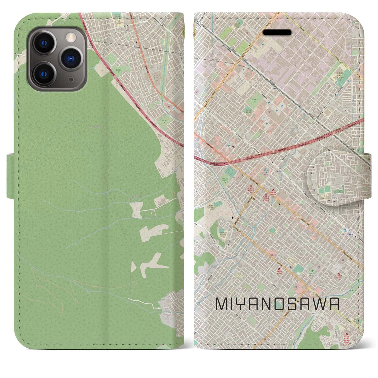 【宮の沢(北海道)】地図柄iPhoneケース(手帳タイプ)ナチュラル・iPhone 11 Pro Max 用