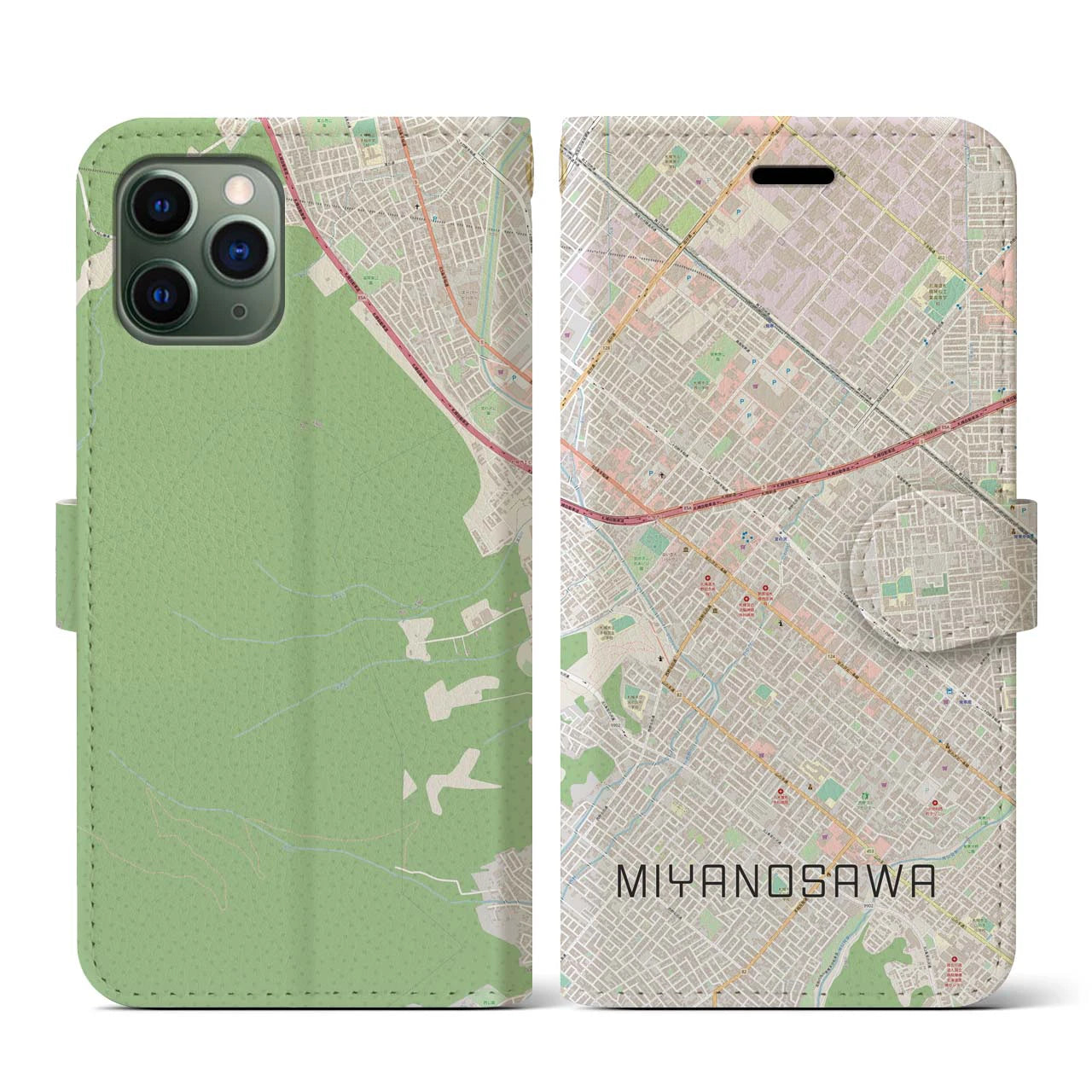 【宮の沢(北海道)】地図柄iPhoneケース(手帳タイプ)ナチュラル・iPhone 11 Pro 用