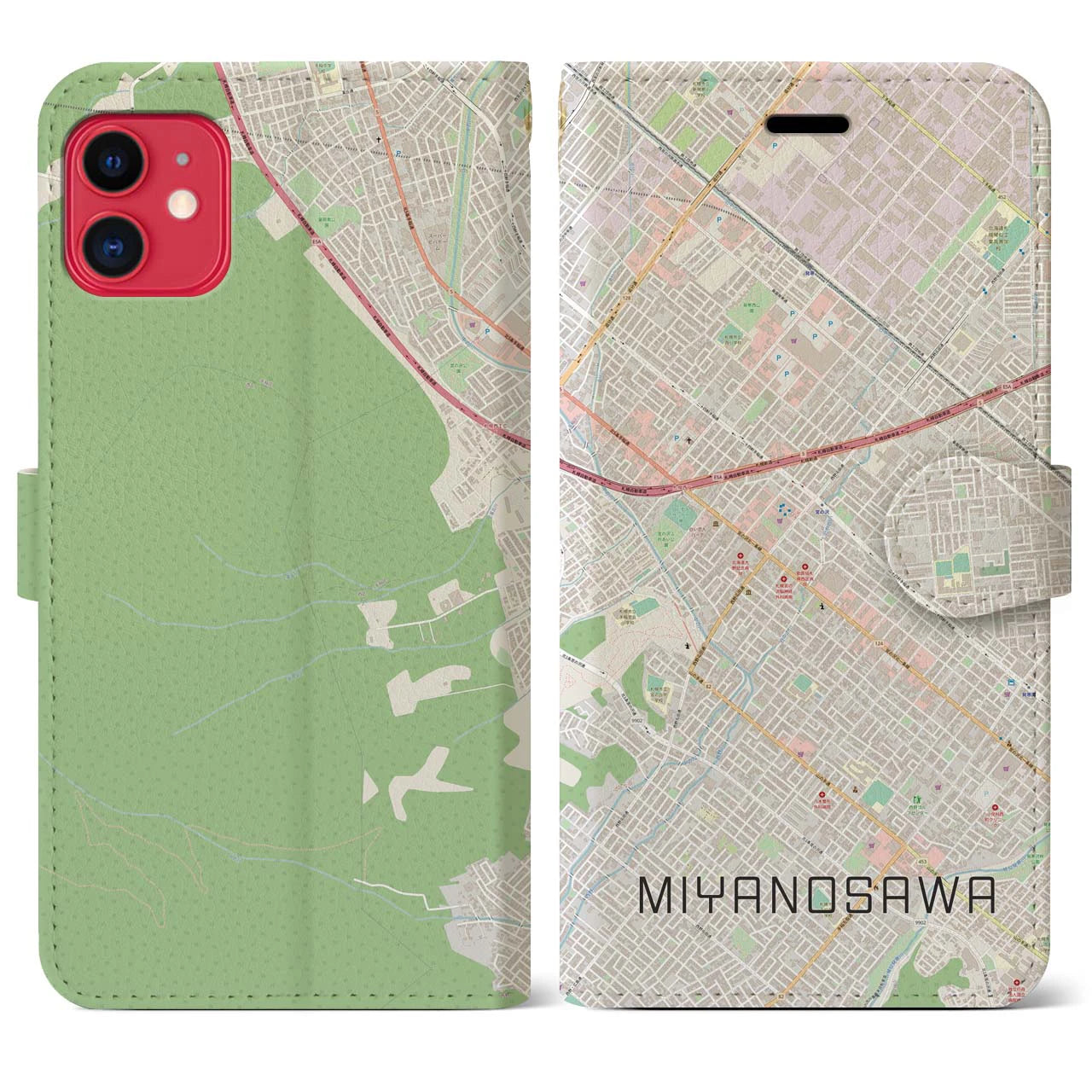 【宮の沢(北海道)】地図柄iPhoneケース(手帳タイプ)ナチュラル・iPhone 11 用