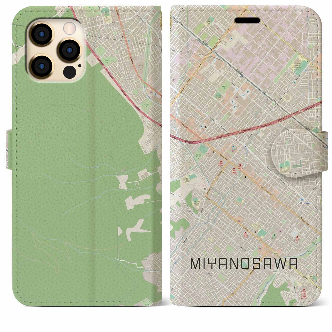 【宮の沢(北海道)】地図柄iPhoneケース(手帳タイプ)ナチュラル・iPhone 12 Pro Max 用