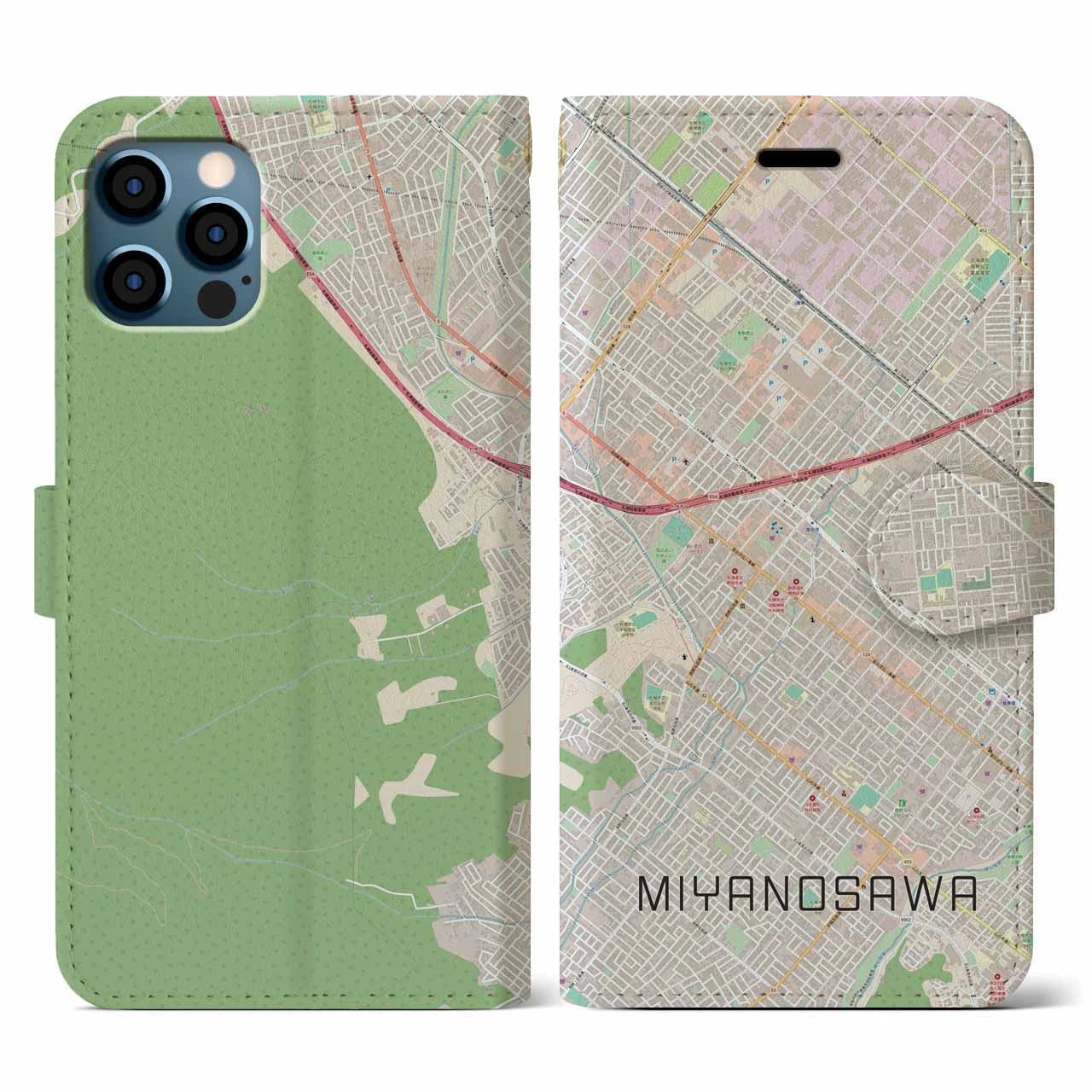 【宮の沢(北海道)】地図柄iPhoneケース(手帳タイプ)ナチュラル・iPhone 12 / 12 Pro 用
