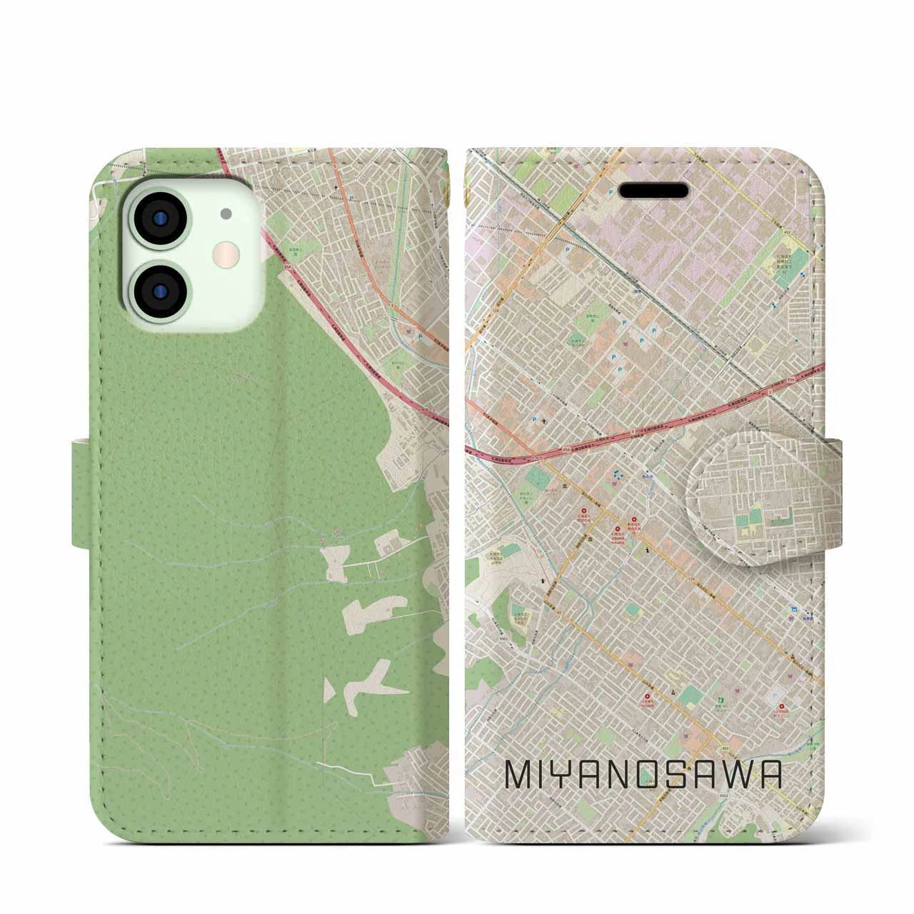 【宮の沢(北海道)】地図柄iPhoneケース(手帳タイプ)ナチュラル・iPhone 12 mini 用