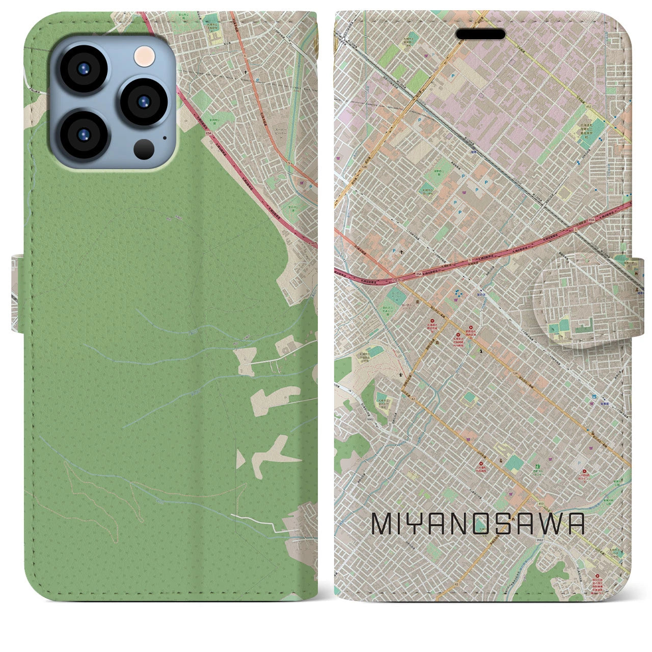 【宮の沢(北海道)】地図柄iPhoneケース(手帳タイプ)ナチュラル・iPhone 13 Pro Max 用