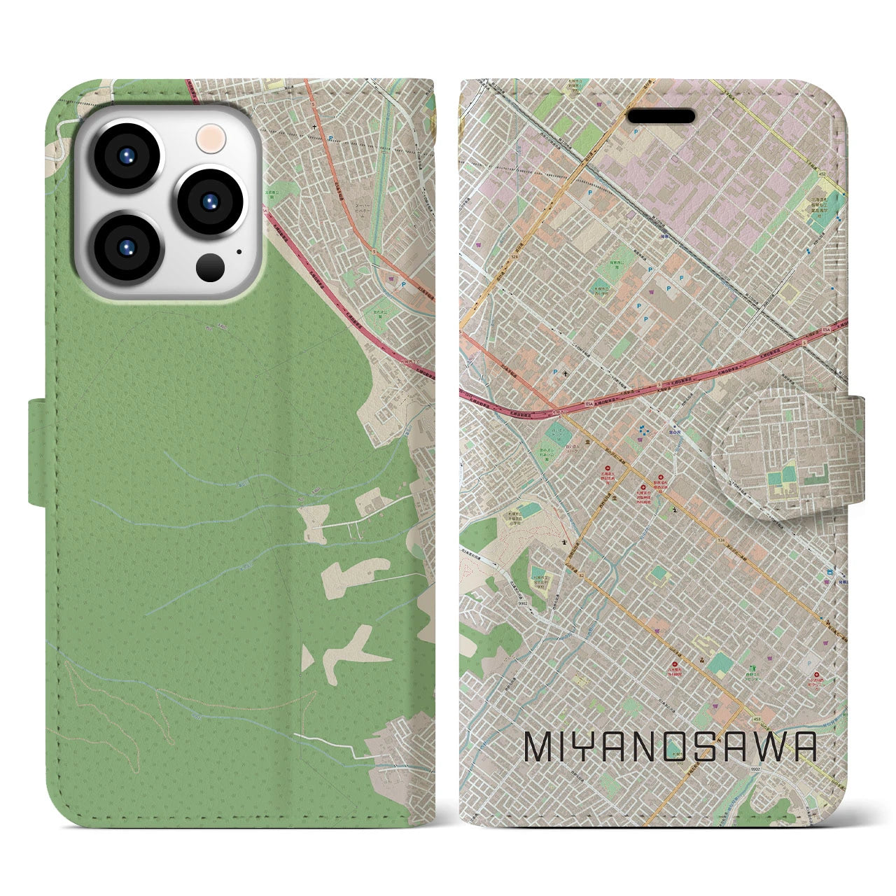 【宮の沢(北海道)】地図柄iPhoneケース(手帳タイプ)ナチュラル・iPhone 13 Pro 用