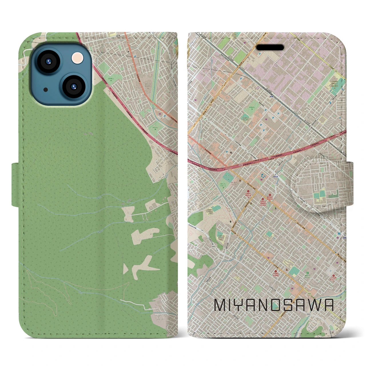 【宮の沢(北海道)】地図柄iPhoneケース(手帳タイプ)ナチュラル・iPhone 13 用