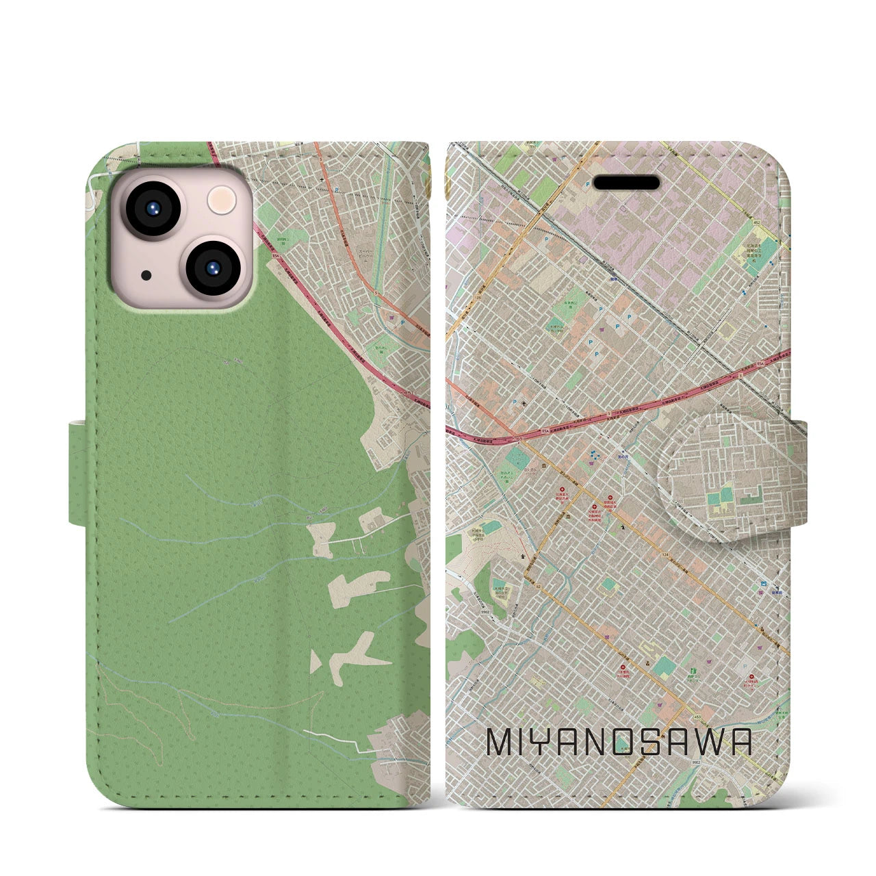 【宮の沢(北海道)】地図柄iPhoneケース(手帳タイプ)ナチュラル・iPhone 13 mini 用