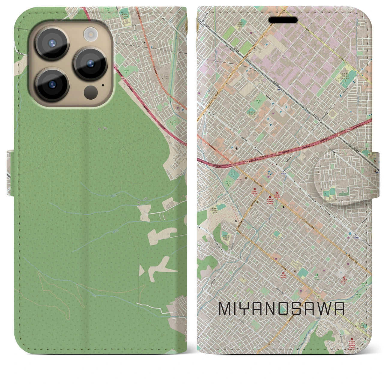 【宮の沢(北海道)】地図柄iPhoneケース(手帳タイプ)ナチュラル・iPhone 14 Pro Max 用