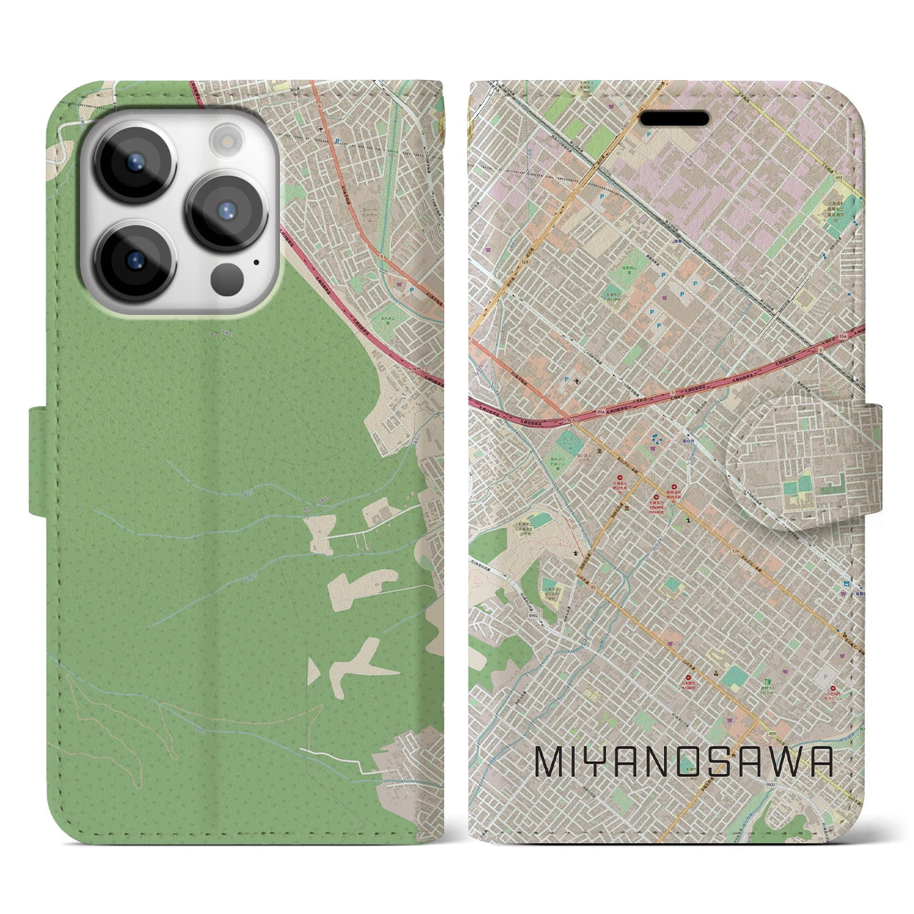 【宮の沢(北海道)】地図柄iPhoneケース(手帳タイプ)ナチュラル・iPhone 14 Pro 用