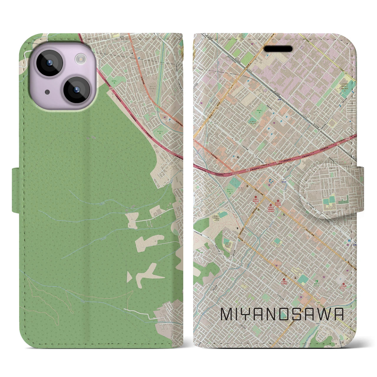 【宮の沢(北海道)】地図柄iPhoneケース(手帳タイプ)ナチュラル・iPhone 14 用
