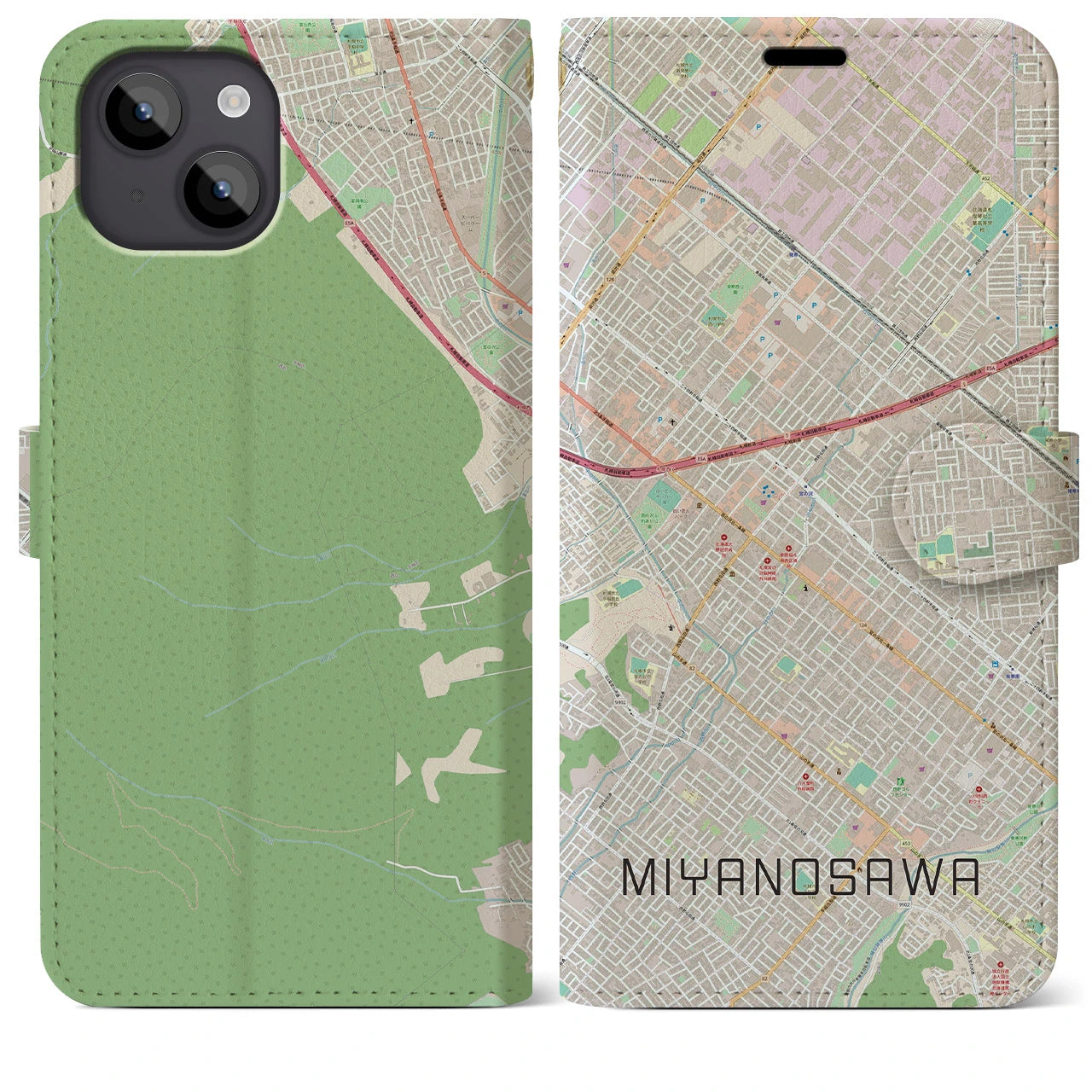【宮の沢(北海道)】地図柄iPhoneケース(手帳タイプ)ナチュラル・iPhone 14 Plus 用