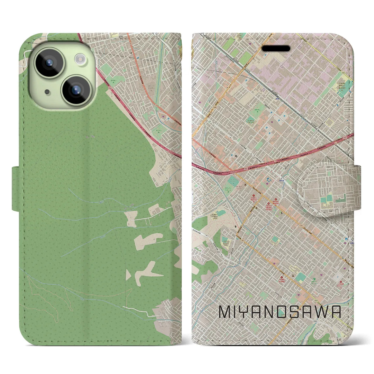【宮の沢(北海道)】地図柄iPhoneケース(手帳タイプ)ナチュラル・iPhone 15 用