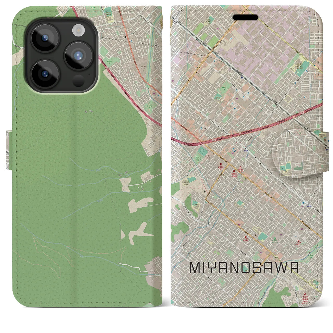【宮の沢(北海道)】地図柄iPhoneケース(手帳タイプ)ナチュラル・iPhone 15 Pro Max 用