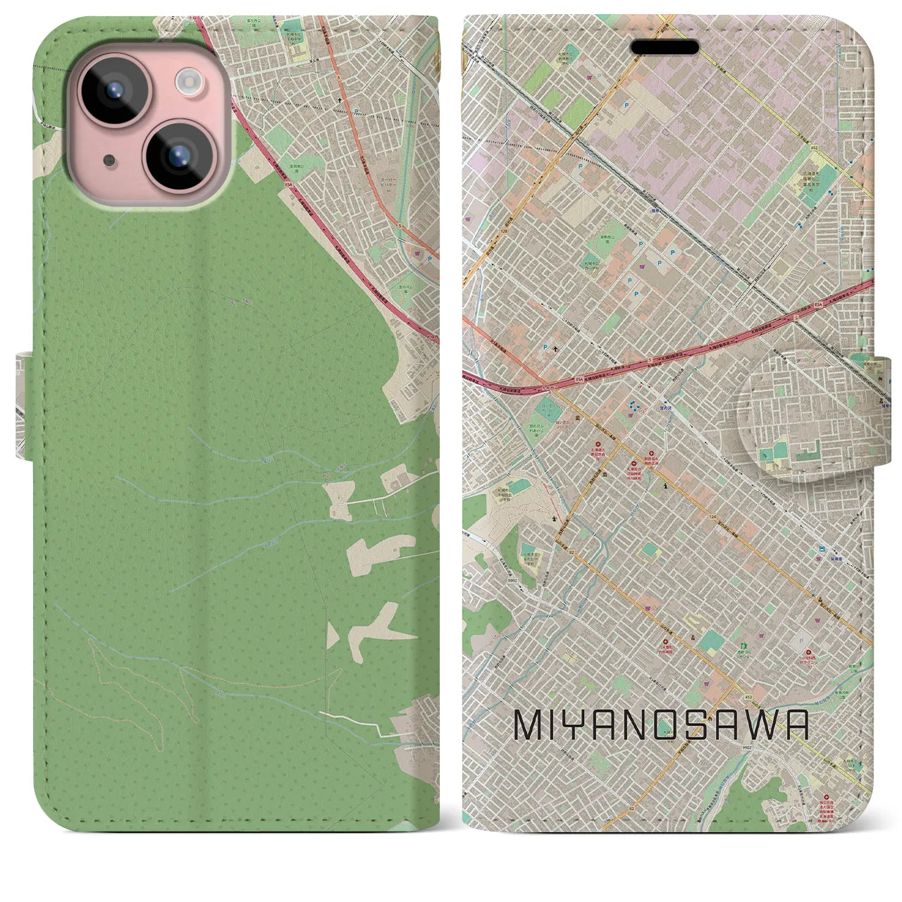 【宮の沢(北海道)】地図柄iPhoneケース(手帳タイプ)ナチュラル・iPhone 15 Plus 用