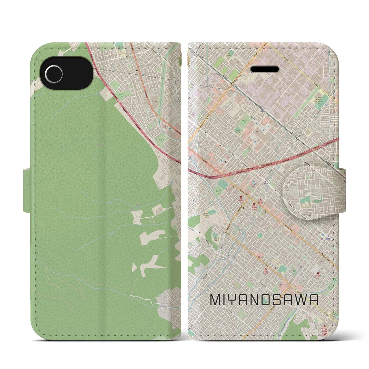 【宮の沢(北海道)】地図柄iPhoneケース(手帳タイプ)ナチュラル・iPhone SE(第3 / 第2世代) / 8 / 7 / 6s / 6 用