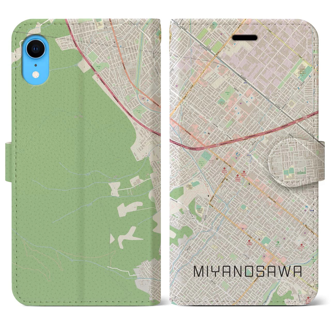 【宮の沢(北海道)】地図柄iPhoneケース(手帳タイプ)ナチュラル・iPhone XR 用