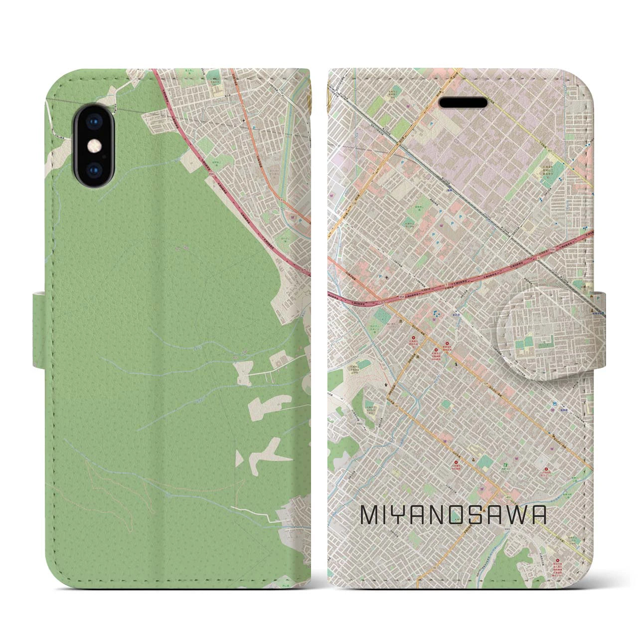 【宮の沢(北海道)】地図柄iPhoneケース(手帳タイプ)ナチュラル・iPhone XS / X 用