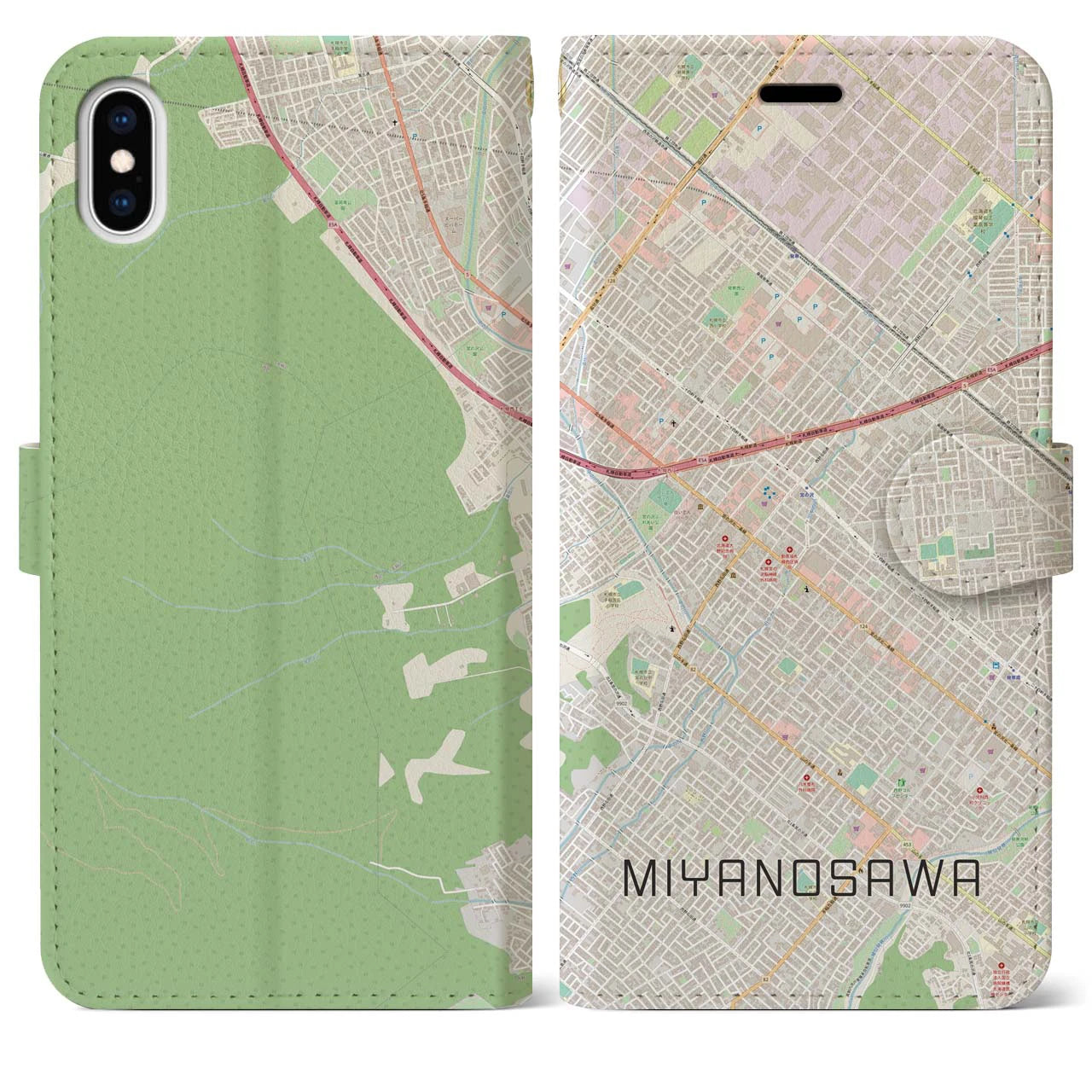 【宮の沢(北海道)】地図柄iPhoneケース(手帳タイプ)ナチュラル・iPhone XS Max 用