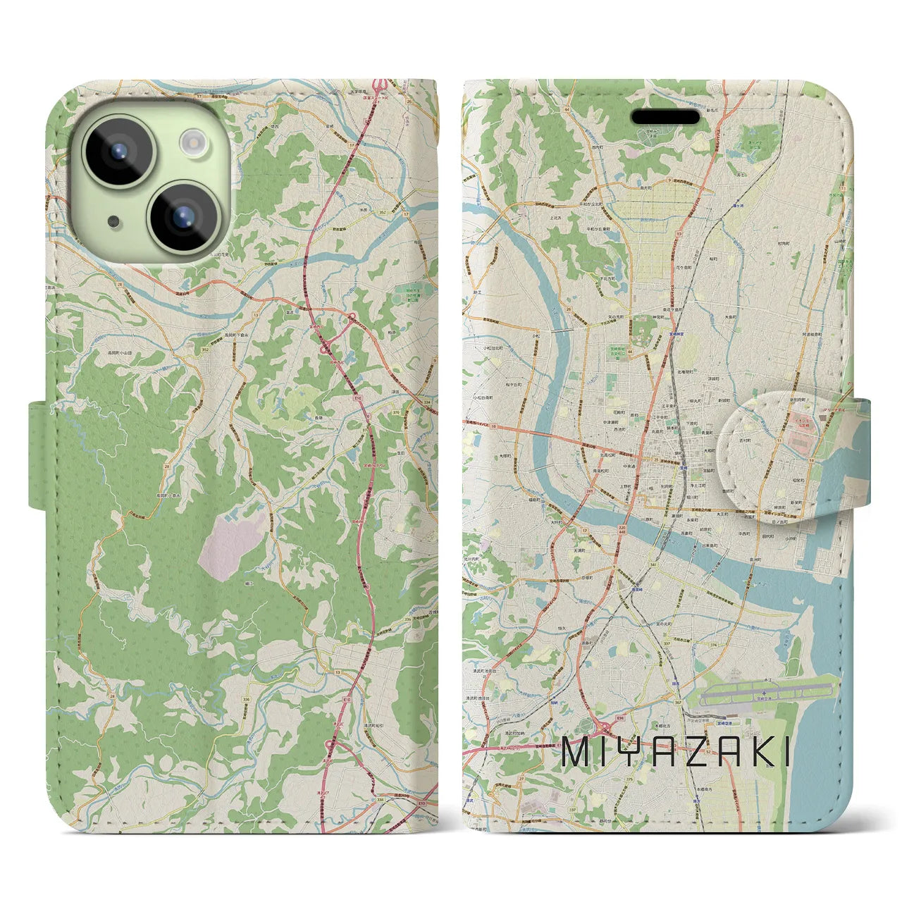 【宮崎2(宮崎県)】地図柄iPhoneケース(手帳タイプ)ナチュラル・iPhone 15 用