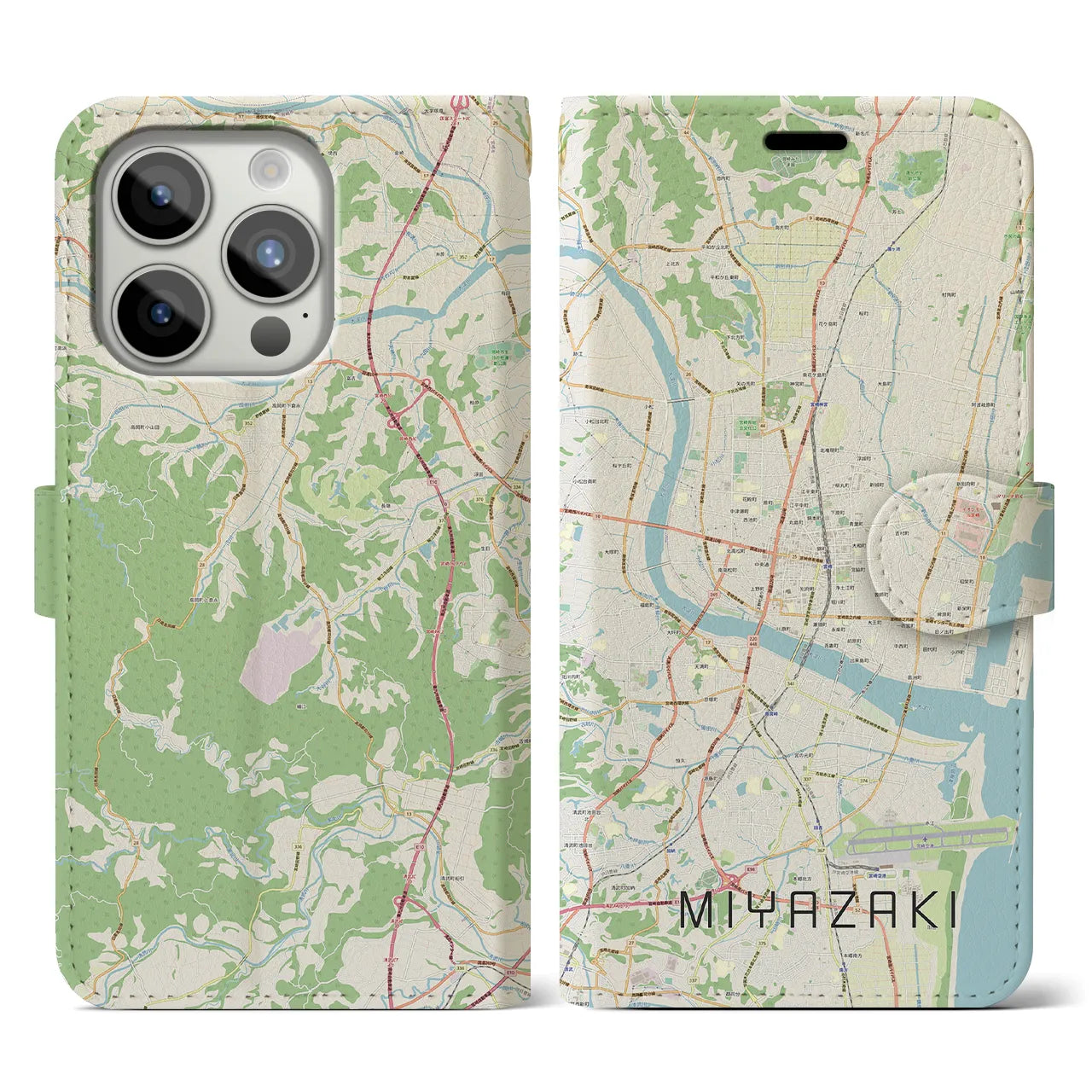 【宮崎2(宮崎県)】地図柄iPhoneケース(手帳タイプ)ナチュラル・iPhone 15 Pro 用
