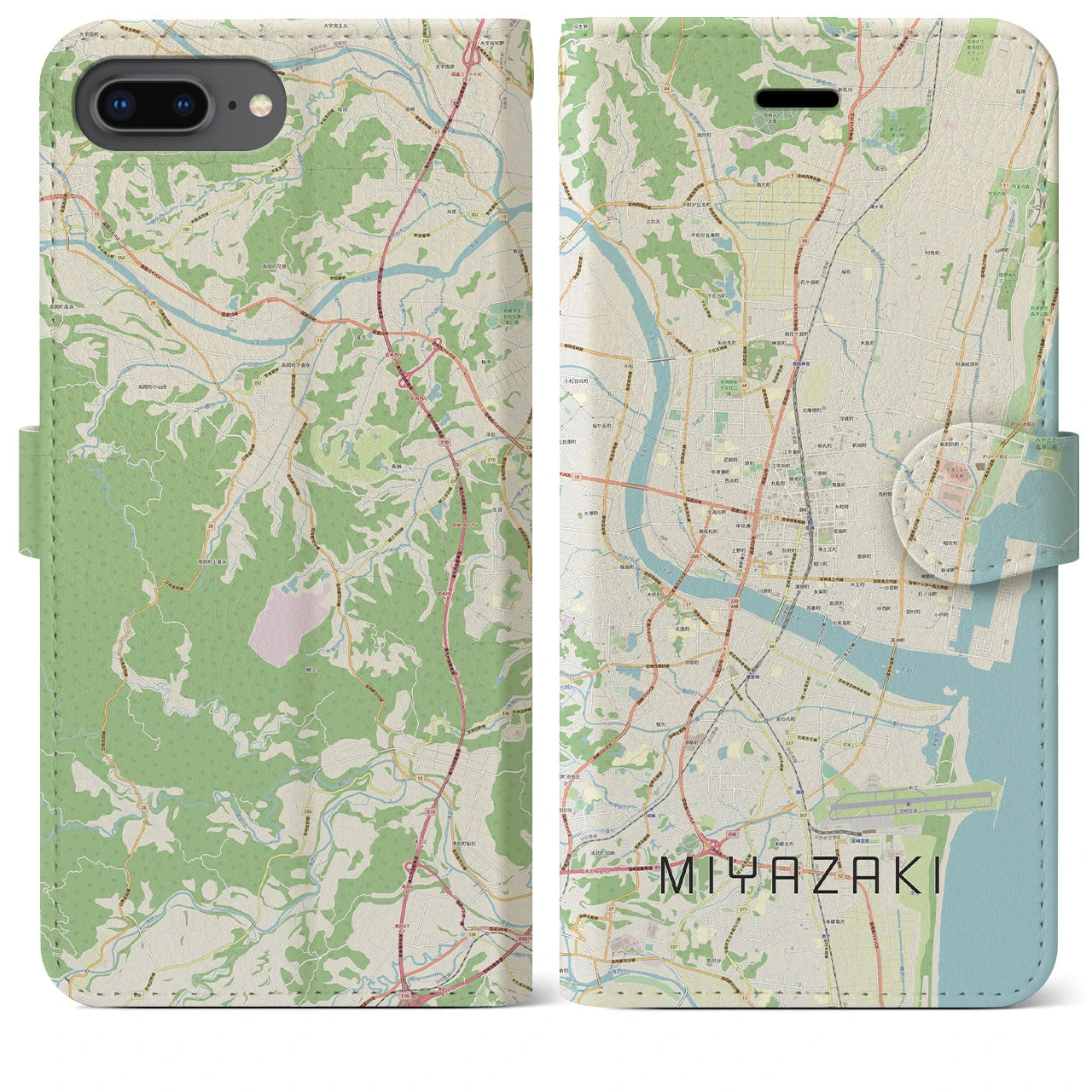 【宮崎2(宮崎県)】地図柄iPhoneケース(手帳タイプ)ナチュラル・iPhone 8Plus /7Plus / 6sPlus / 6Plus 用