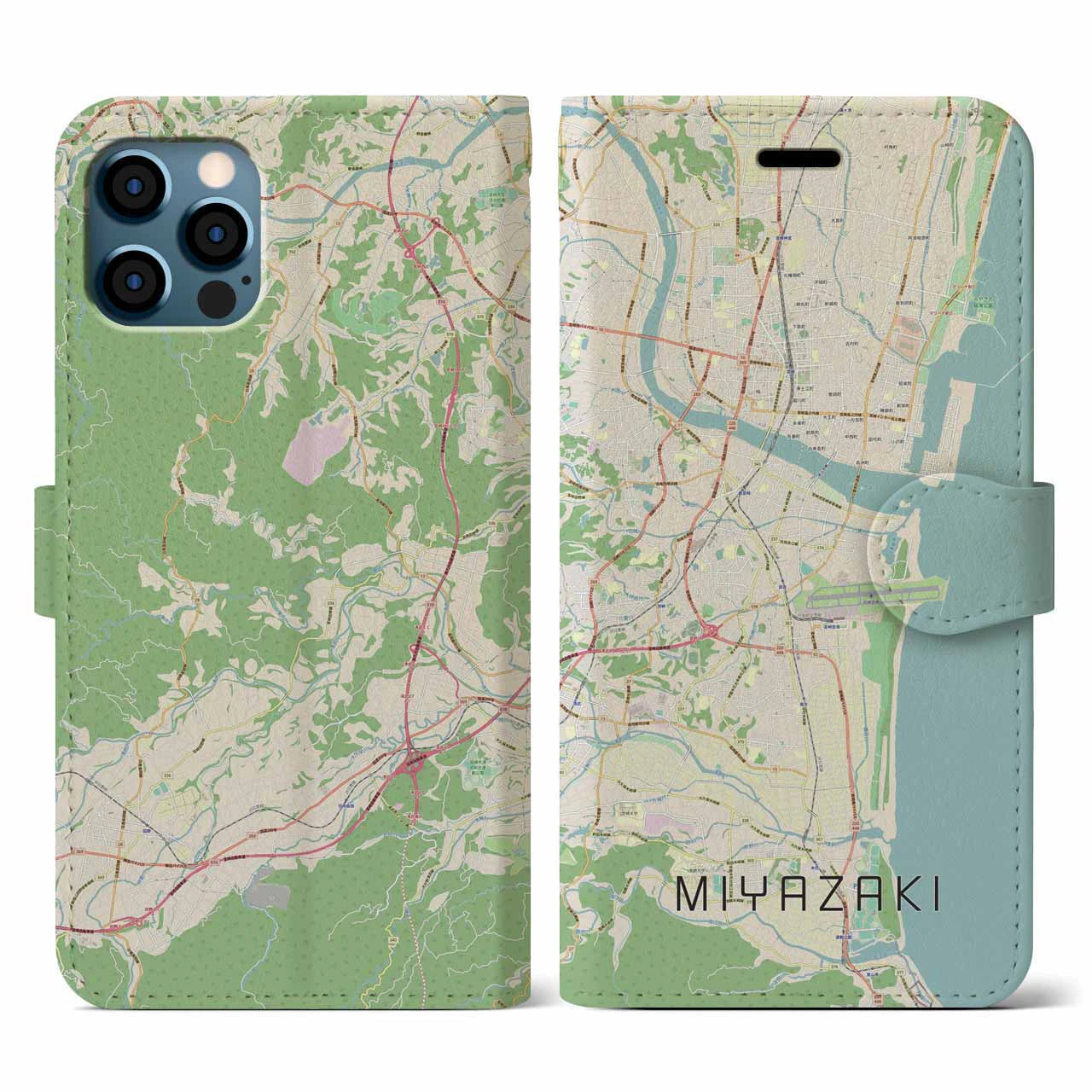 【宮崎(宮崎県)】地図柄iPhoneケース(手帳タイプ)ナチュラル・iPhone 12 / 12 Pro 用