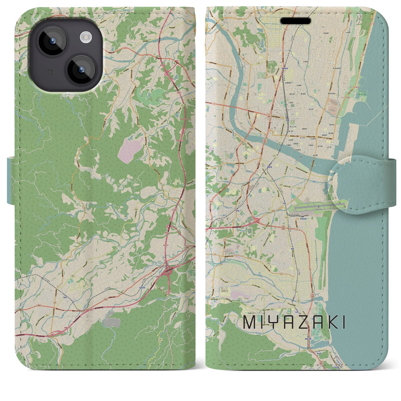 【宮崎(宮崎県)】地図柄iPhoneケース(手帳タイプ)ナチュラル・iPhone 14 Plus 用