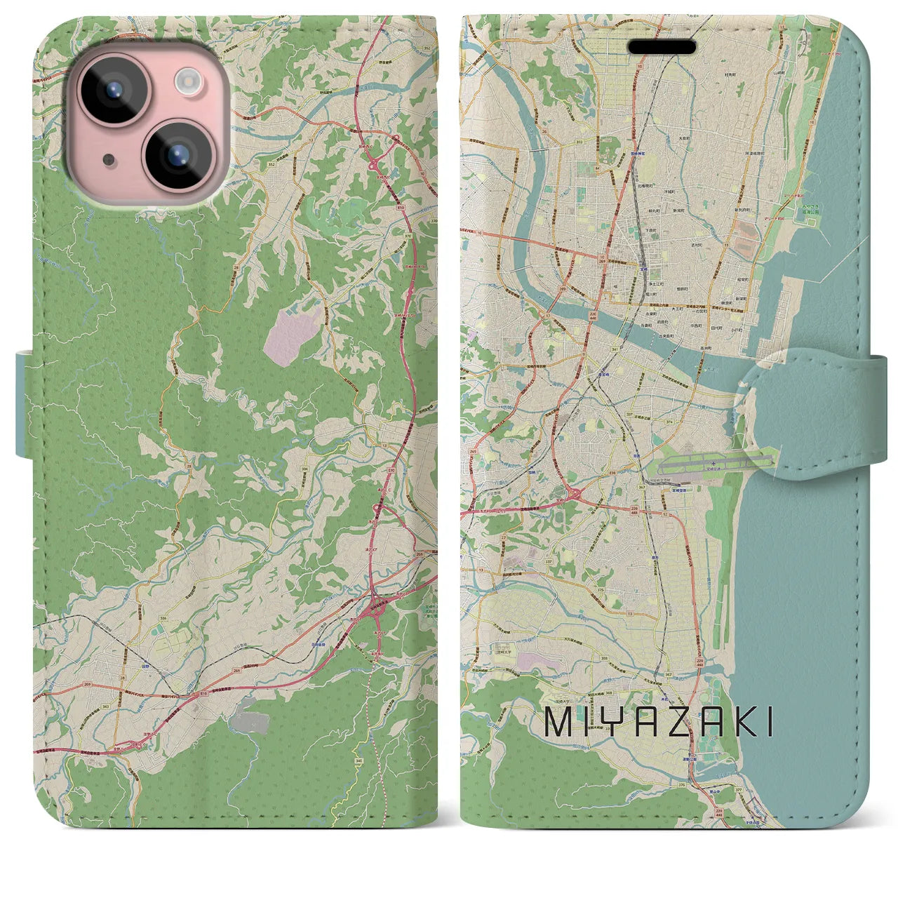 【宮崎(宮崎県)】地図柄iPhoneケース(手帳タイプ)ナチュラル・iPhone 15 Plus 用