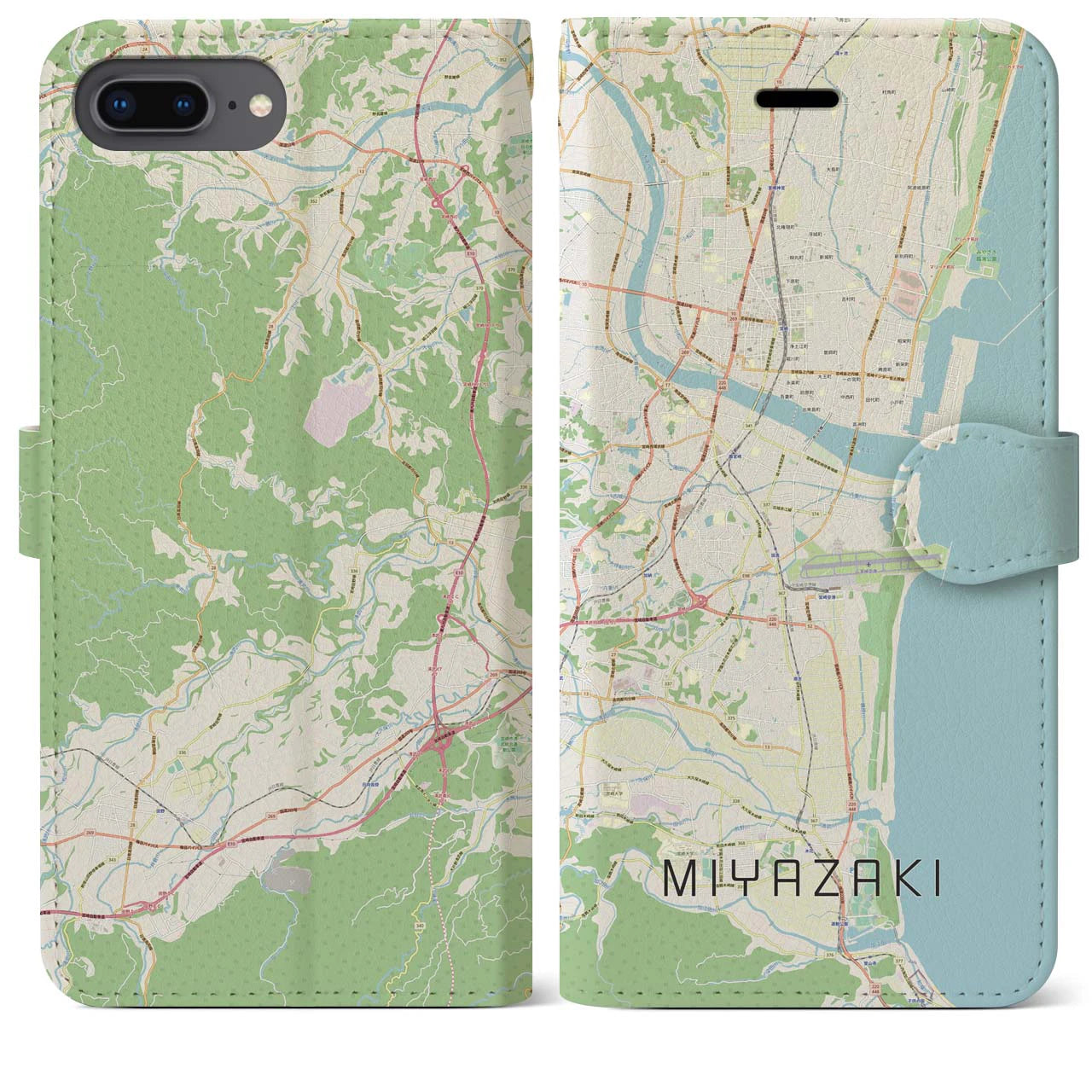 【宮崎(宮崎県)】地図柄iPhoneケース(手帳タイプ)ナチュラル・iPhone 8Plus /7Plus / 6sPlus / 6Plus 用