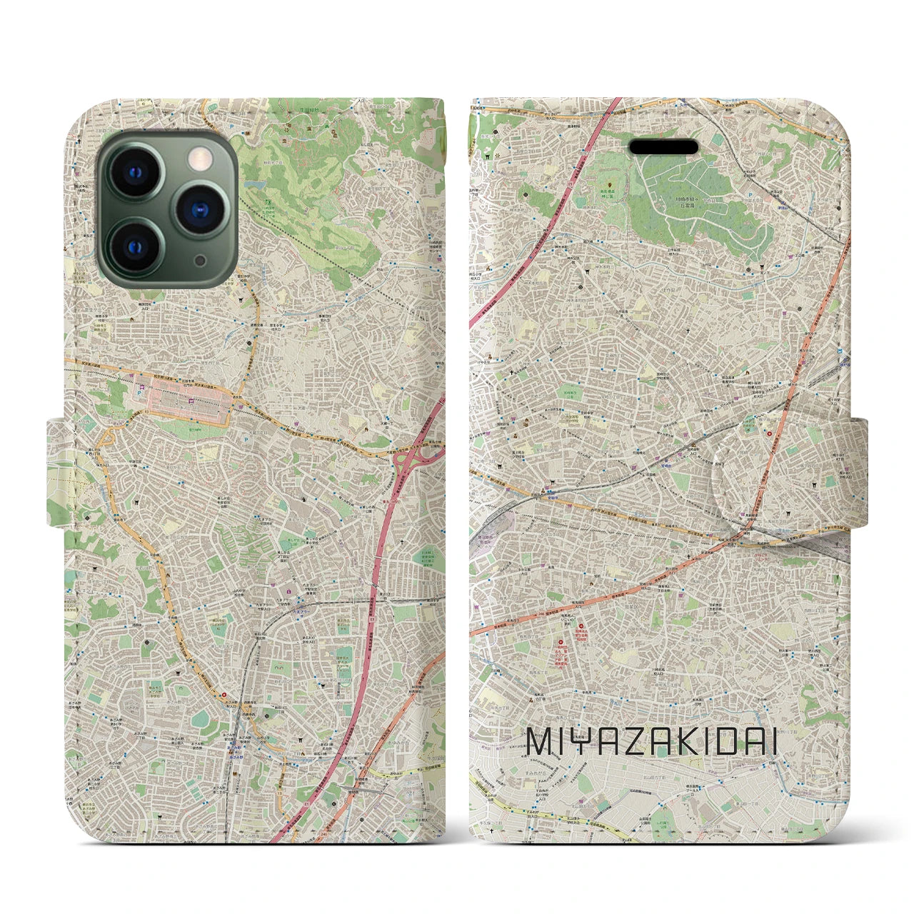 【宮崎台(神奈川県)】地図柄iPhoneケース(手帳タイプ)ナチュラル・iPhone 11 Pro 用
