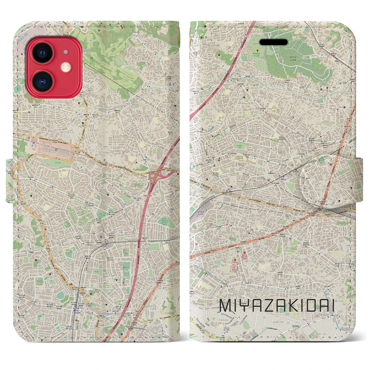 【宮崎台(神奈川県)】地図柄iPhoneケース(手帳タイプ)ナチュラル・iPhone 11 用