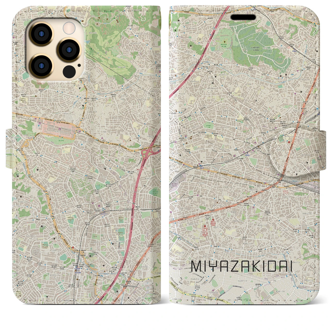 【宮崎台(神奈川県)】地図柄iPhoneケース(手帳タイプ)ナチュラル・iPhone 12 Pro Max 用