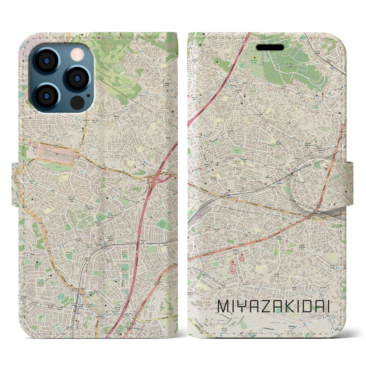 【宮崎台(神奈川県)】地図柄iPhoneケース(手帳タイプ)ナチュラル・iPhone 12 / 12 Pro 用