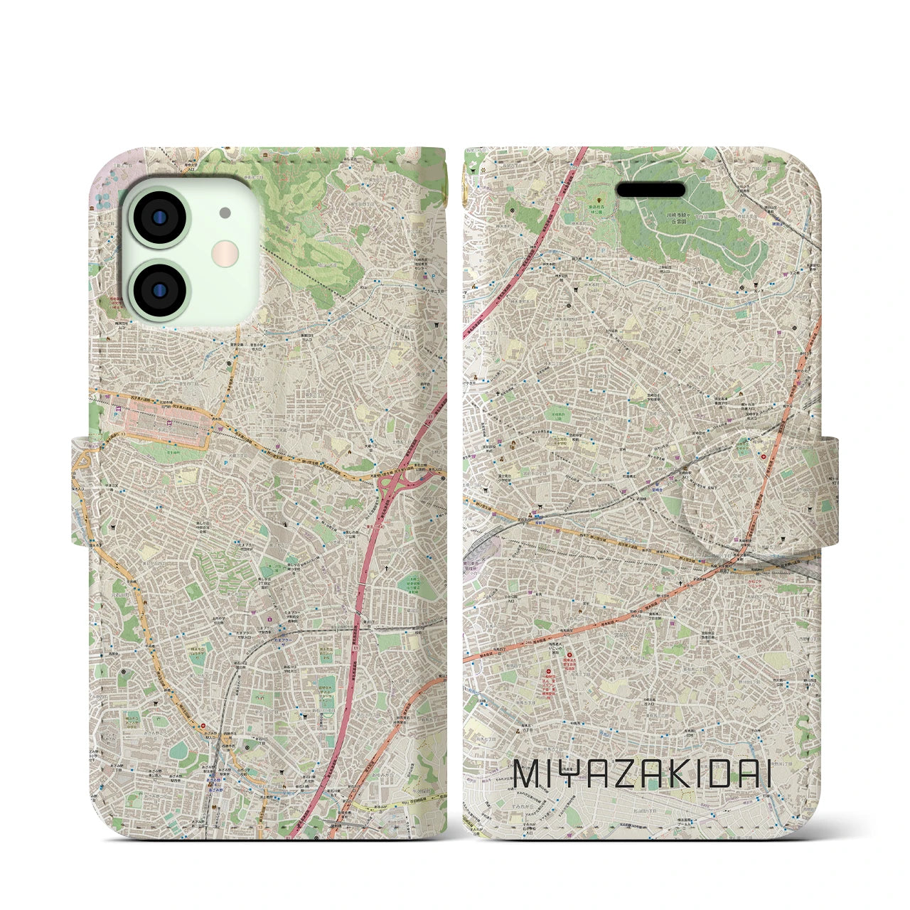 【宮崎台(神奈川県)】地図柄iPhoneケース(手帳タイプ)ナチュラル・iPhone 12 mini 用