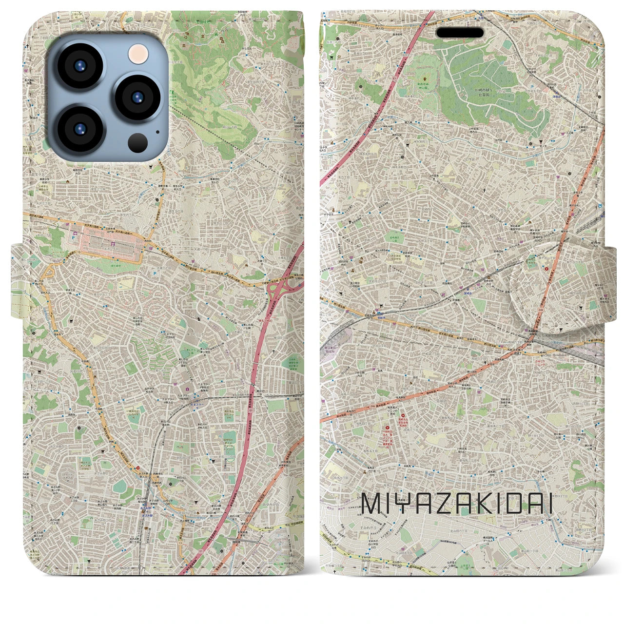 【宮崎台(神奈川県)】地図柄iPhoneケース(手帳タイプ)ナチュラル・iPhone 13 Pro Max 用