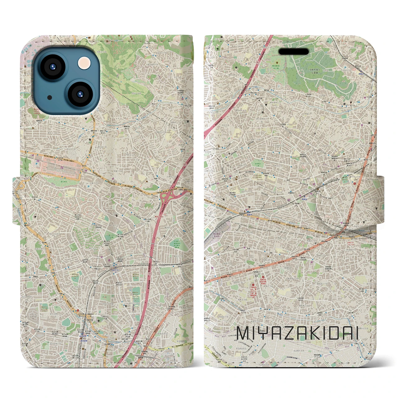 【宮崎台(神奈川県)】地図柄iPhoneケース(手帳タイプ)ナチュラル・iPhone 13 用