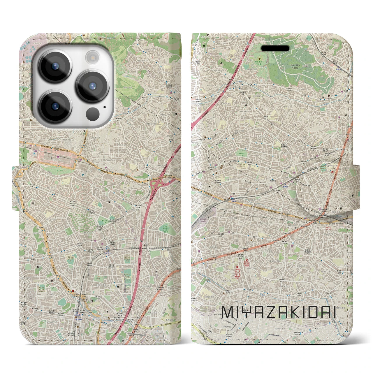 【宮崎台(神奈川県)】地図柄iPhoneケース(手帳タイプ)ナチュラル・iPhone 14 Pro 用